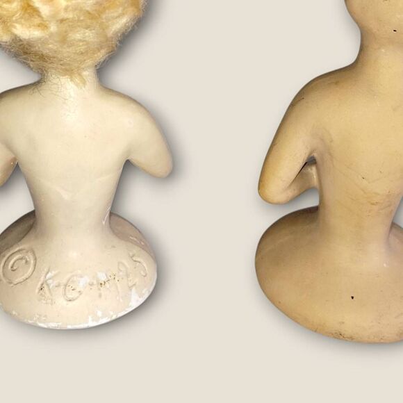 Vtg K.G. 1925 Chalkware Half Dolls-Flapper Art Deco Style Painted Wigged Germany - Picture 5 of 10